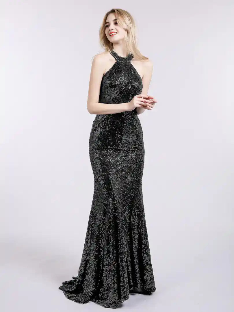 Black Sequins Backless Halter Maxi