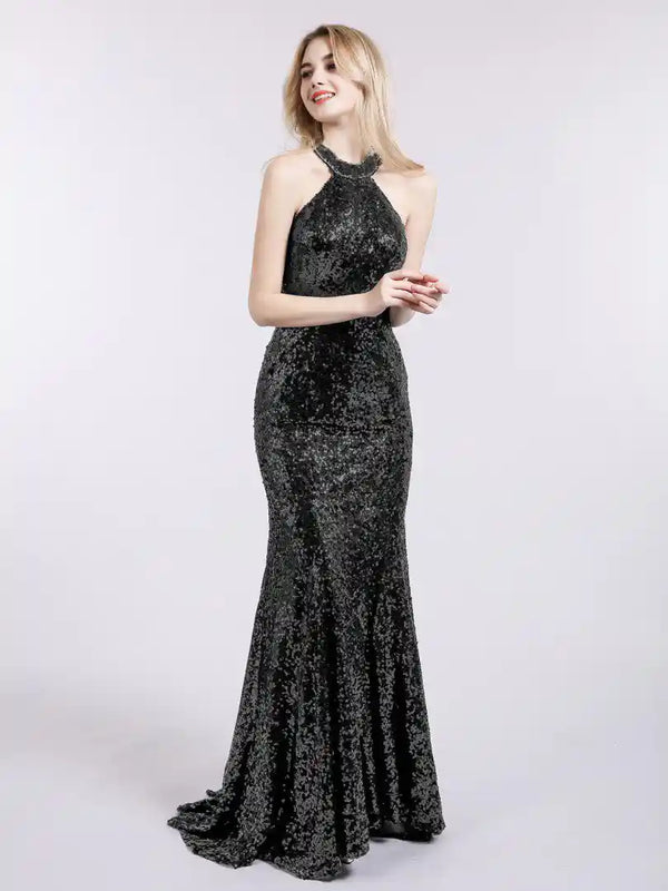 Black Sequins Backless Halter Maxi