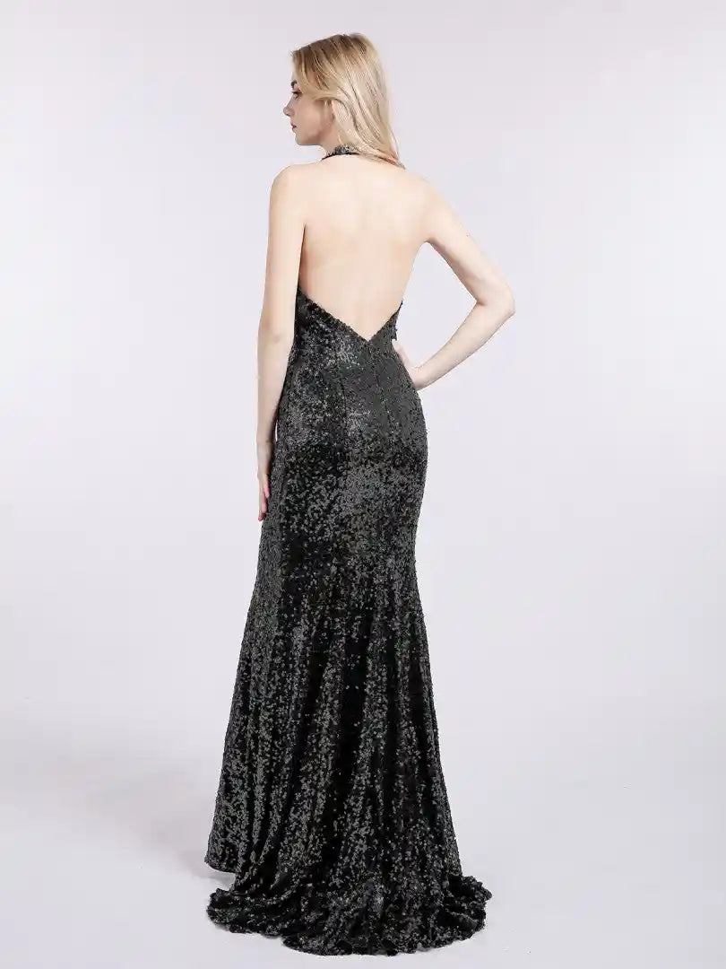 Black Sequins Backless Halter Maxi