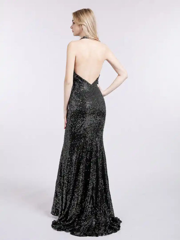 Black Sequins Backless Halter Maxi