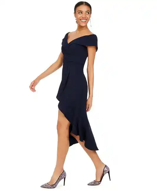 Navy Off-the-shoulder Flounce Party Midi Dress
