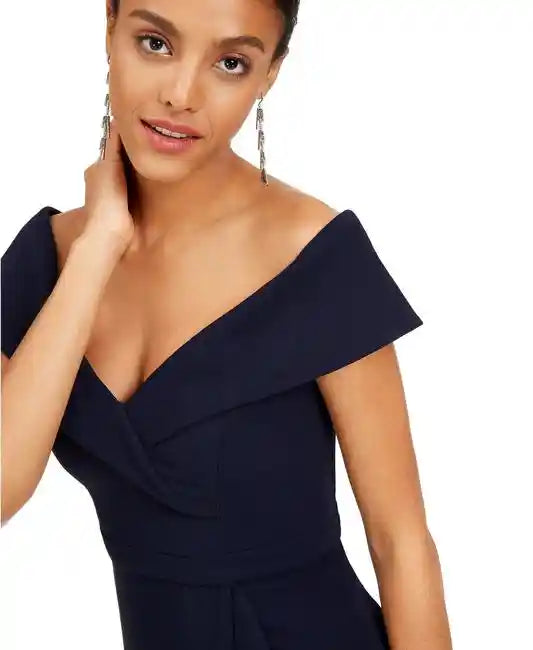 Navy Off-the-shoulder Flounce Party Midi Dress