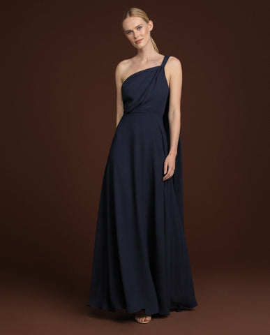 Deep Navy One Shoulder Knot Flared Maxi