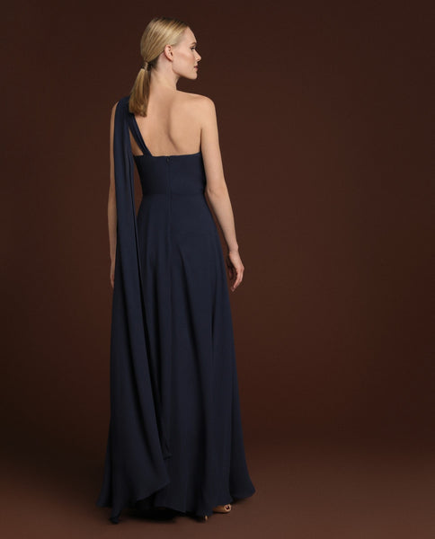 Deep Navy One Shoulder Knot Flared Maxi