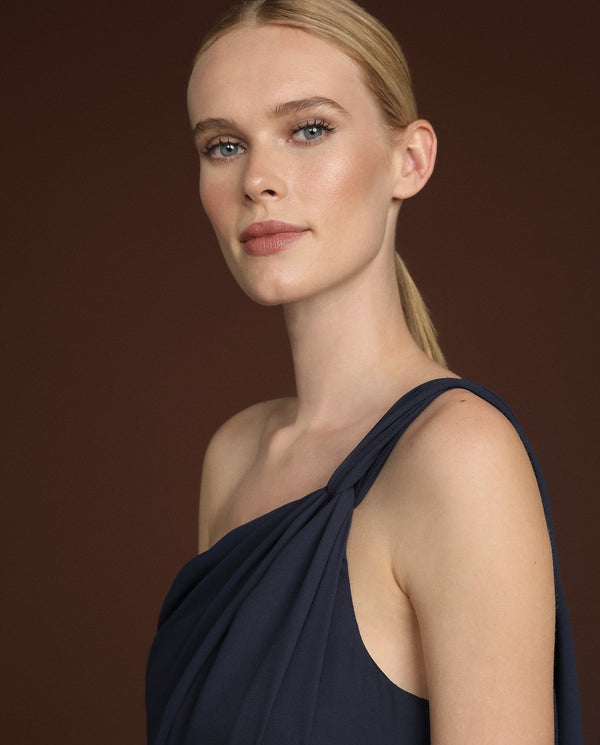 Deep Navy One Shoulder Knot Flared Maxi