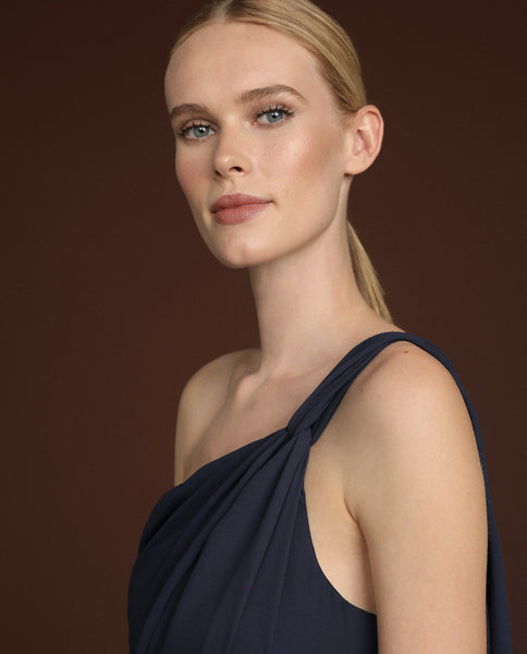 Deep Navy One Shoulder Knot Flared Maxi