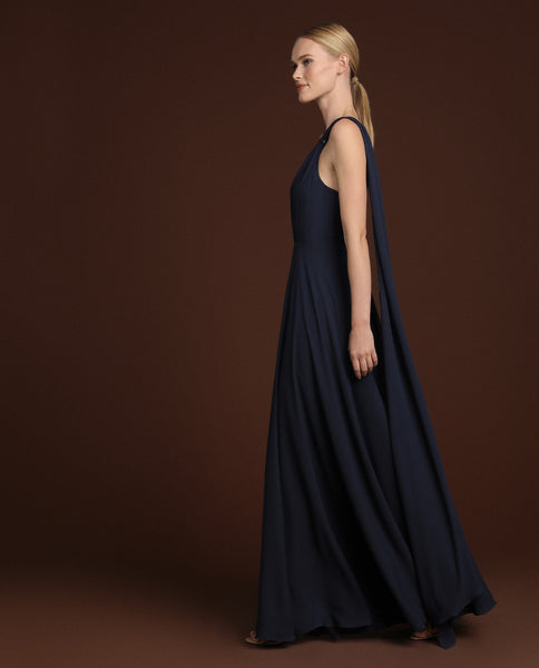 Deep Navy One Shoulder Knot Flared Maxi