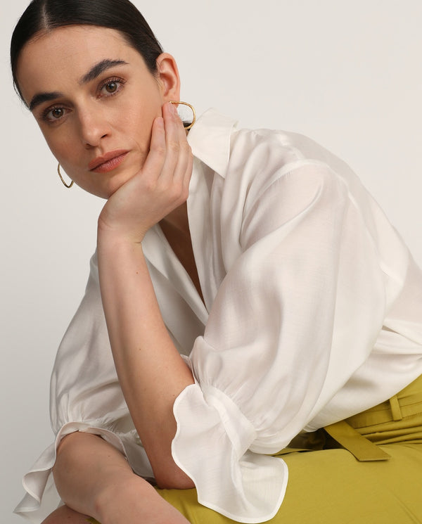 White Satin Basic Frill Detail Shirt