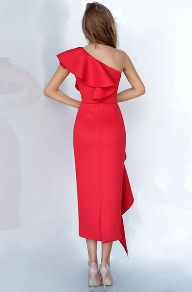 Red Draped Ruffle Accented Sheath Dress