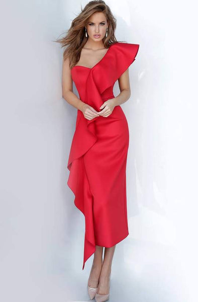 Red Draped Ruffle Accented Sheath Dress