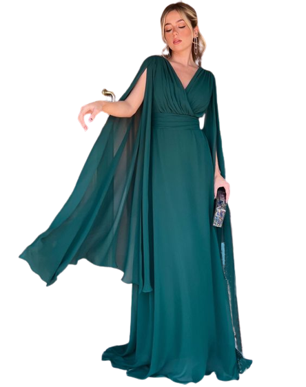 Bottle Green V Neck Cape Sleeves Maxi