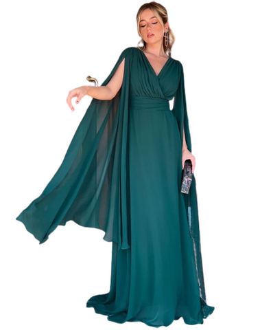 Bottle Green V Neck Cape Sleeves Maxi