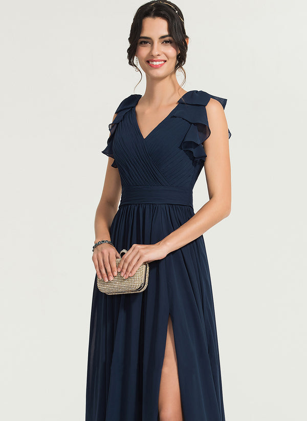 Bottle Green V Neck Flouncing Sleeves Ruched Maxi