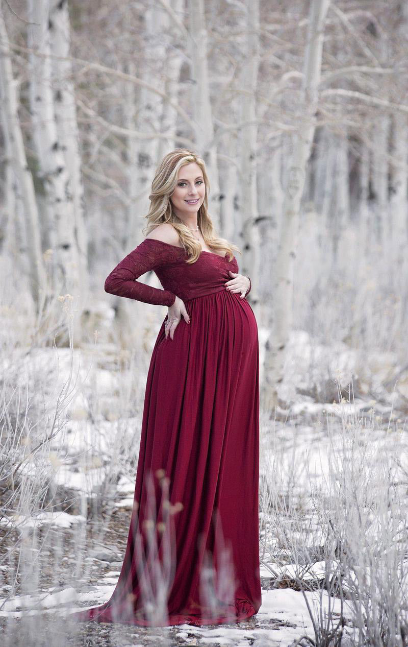 Maroon-Wine Off-Shoulder Extra Flared Maternity Gown