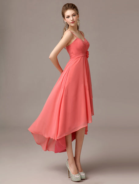 Coral Asymmetrical Sheath Flower Bridesmaid Dress
