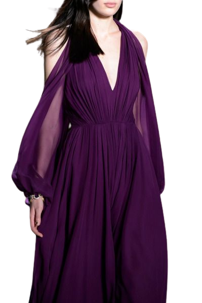 Plume-Wine V Neck Plunge Back Cut-Out Flared Maxi