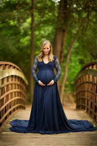 Navy Blue V Neck Maternity Trail Gown