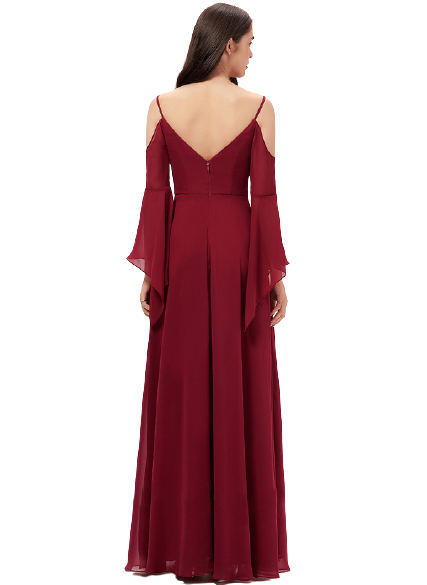 Maroon Cold Shoulder Bell Sleeves Flared Maxi