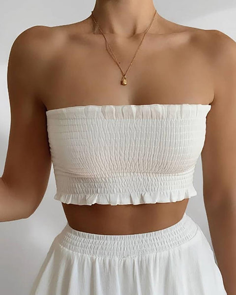 White Bandeau Frill Hem Top With Mini Skirt Set