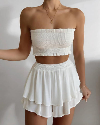 White Bandeau Frill Hem Top With Mini Skirt Set