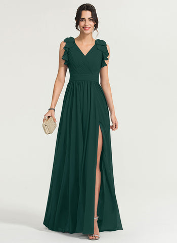 Bottle Green V Neck Flouncing Sleeves Ruched Maxi
