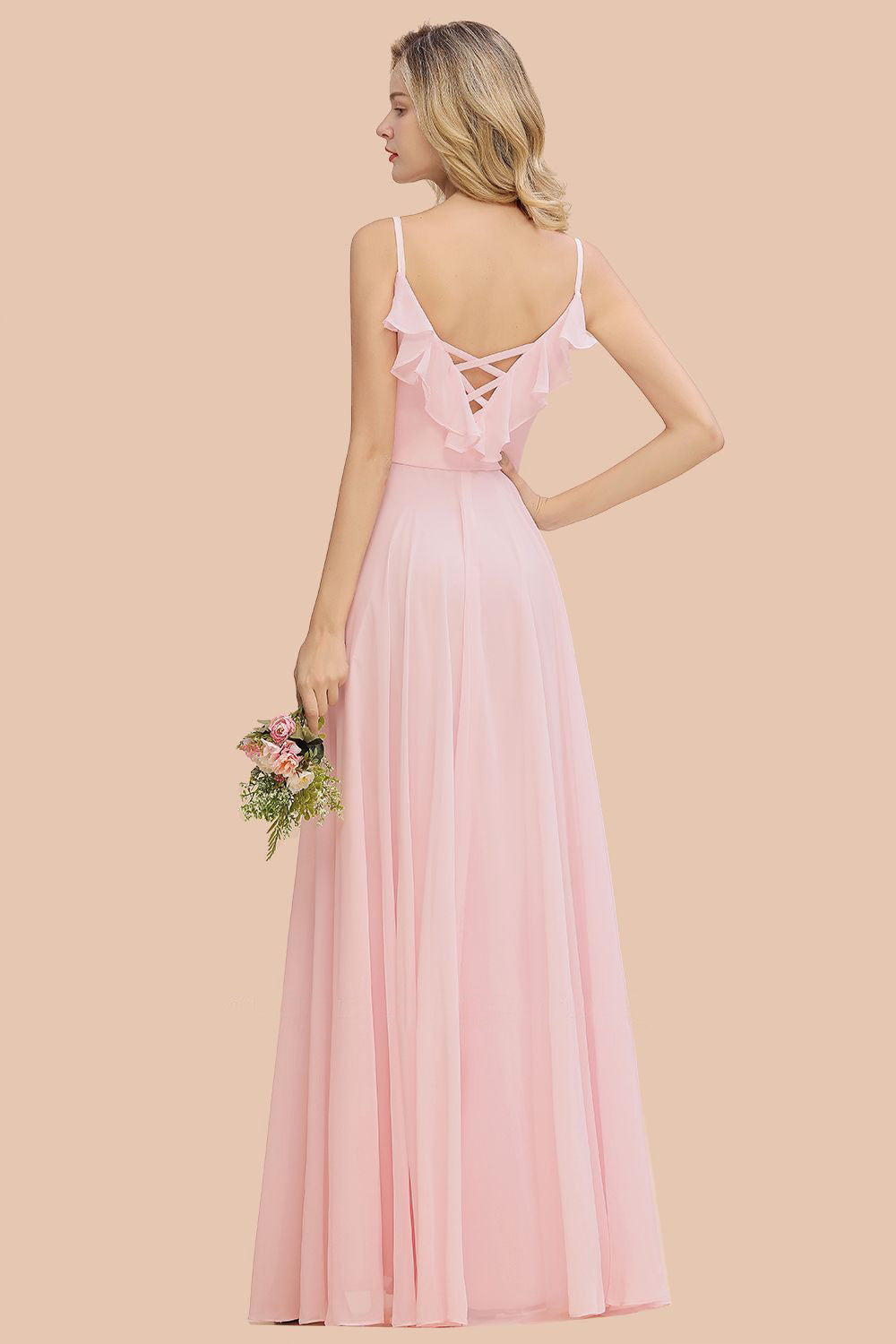 Baby Pink Spaghetti Strap Bridesmaid Maxi