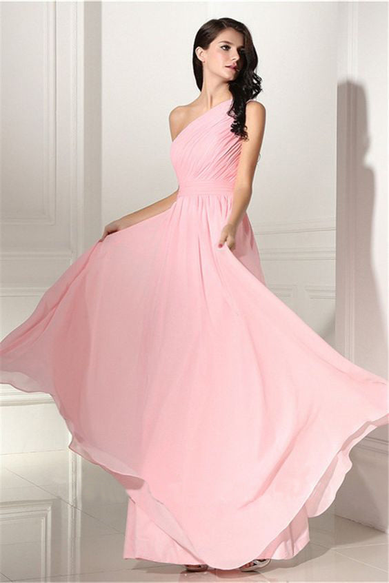 Baby Pink One Shoulder Ruched Flared Maxi