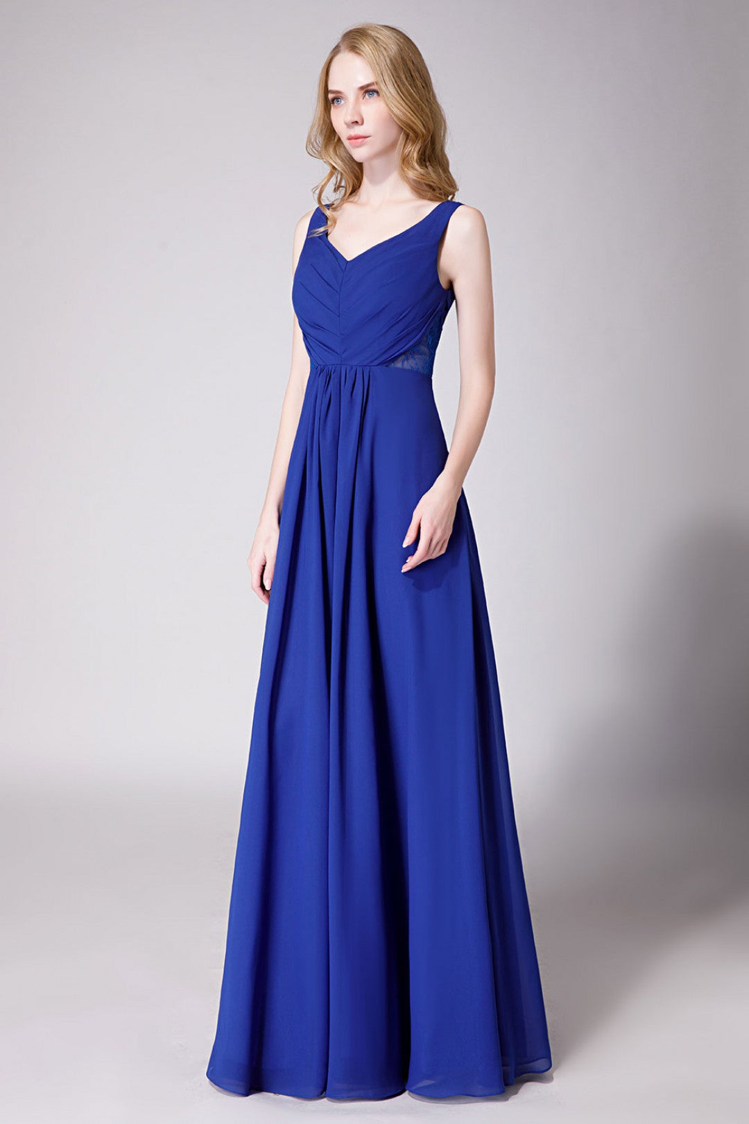 Royal Blue Elegant V-Back Bridesmaid Dress with Mesh Lace Inset