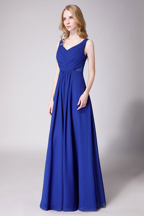 Royal Blue Elegant V-Back Bridesmaid Dress with Mesh Lace Inset