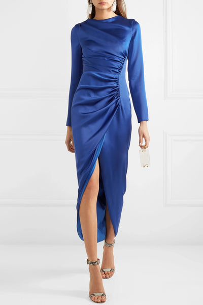Royal Blue Satin Gathered Tulip Hem Midi
