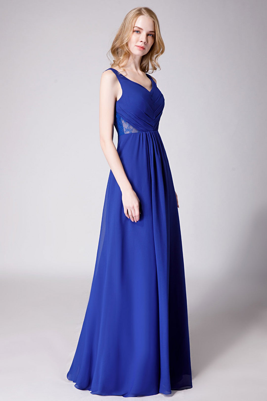 Royal Blue Elegant V-Back Bridesmaid Dress with Mesh Lace Inset