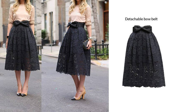 Black Lace Skirt With Bow Belt