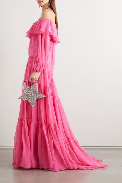 Pink Off-Shoulder Gathered Tiered Maxi
