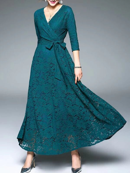 Teal Green Tie Waist Lace Maxi