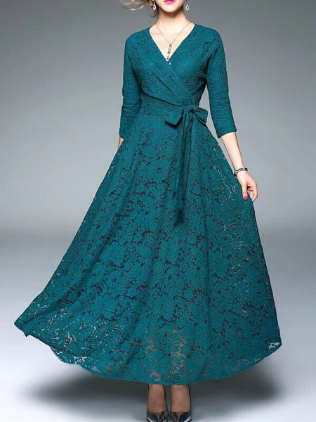 Teal Green Tie Waist Lace Maxi