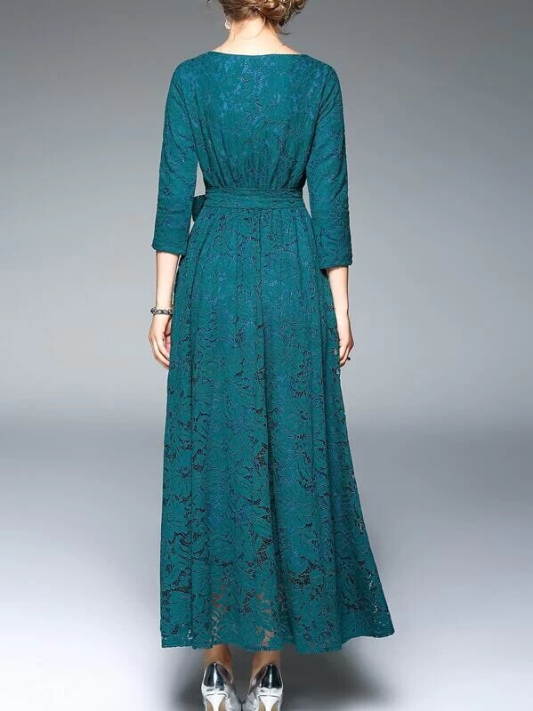 Teal Green Tie Waist Lace Maxi