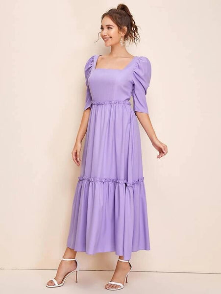 Lavender Square Neck Gigot Sleeve Frill Detail Flare Dress