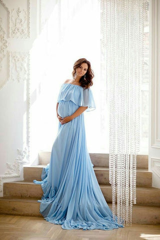 Blue Off-Shoulder Gathered Maternity Photoshoot Gown