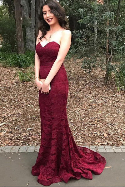 Wine Lace Sweet-Heart Neck Off-Shoulder Gown