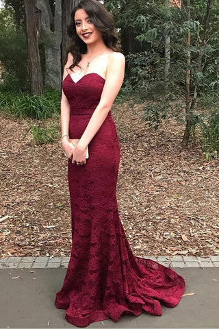 Wine Lace Sweet-Heart Neck Off-Shoulder Gown