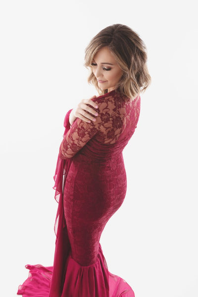 Burgundy Lace Photoshoot Gown With Cape