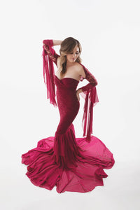 Burgundy Lace Photoshoot Gown With Cape