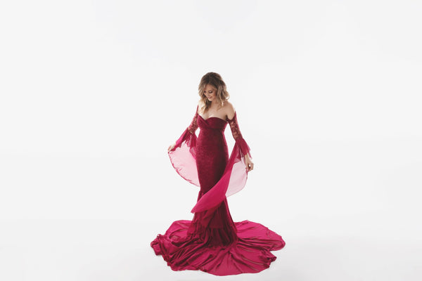 Burgundy Lace Photoshoot Gown With Cape