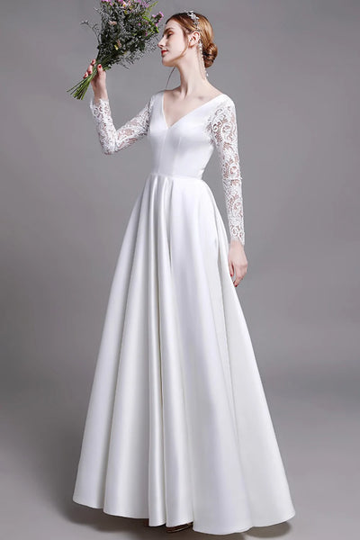 White V Neck Satin Crochet Sleeves Maxi