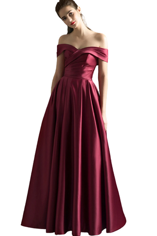 Wine Off-Shoulder Corset Back Satin Gown