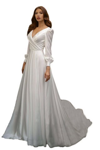 White V Neck Puff Sleeves Satin Trail Gown