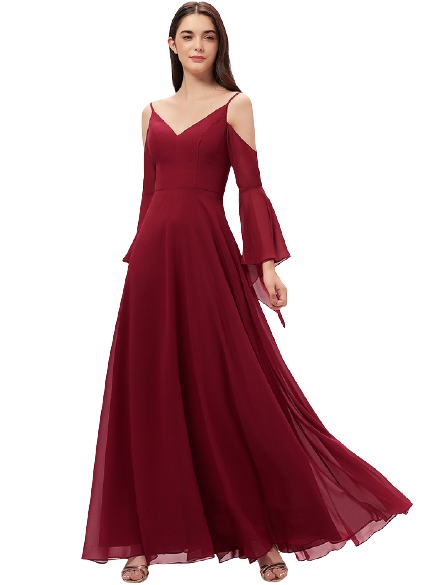 Maroon Cold Shoulder Bell Sleeves Flared Maxi
