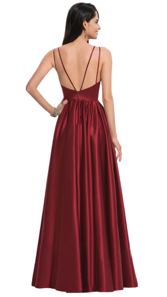 Wine-Maroon Ruched Stappy Back Satin Gown