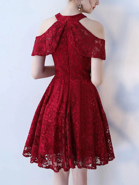 Maroon Lace Halter Neck Ccoktail Dress