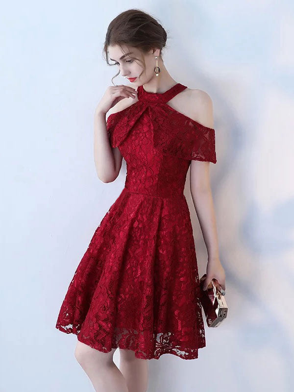 Maroon Lace Halter Neck Ccoktail Dress ShObO Maroon Lace Halter Neck Ccoktail Dress ShObO